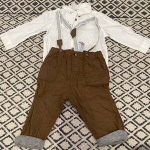 H&M Brown Overalls with Gray Suspenders
